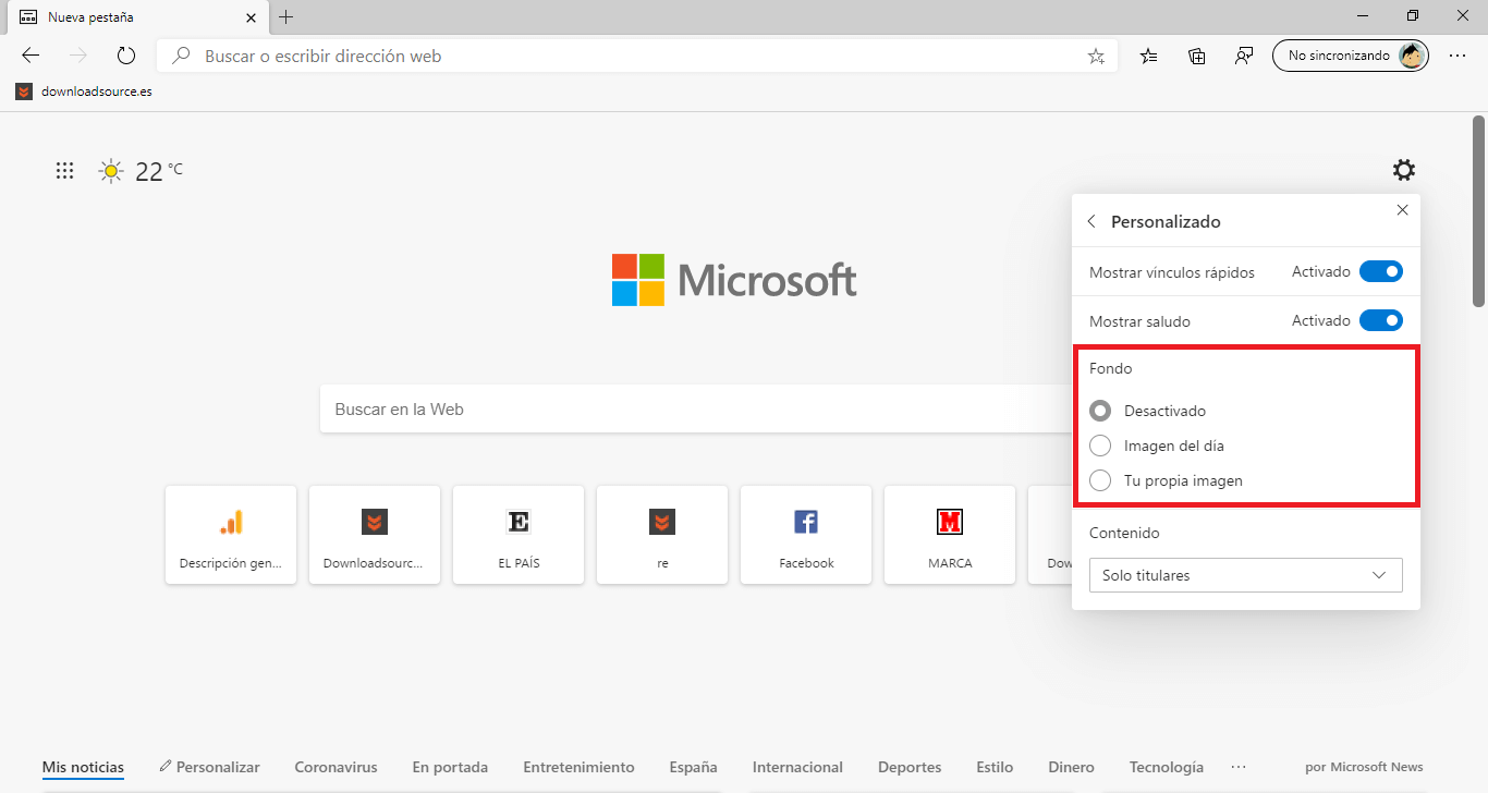 quitar las fotos de fondo de la nueva pestaña de microsoft Edge