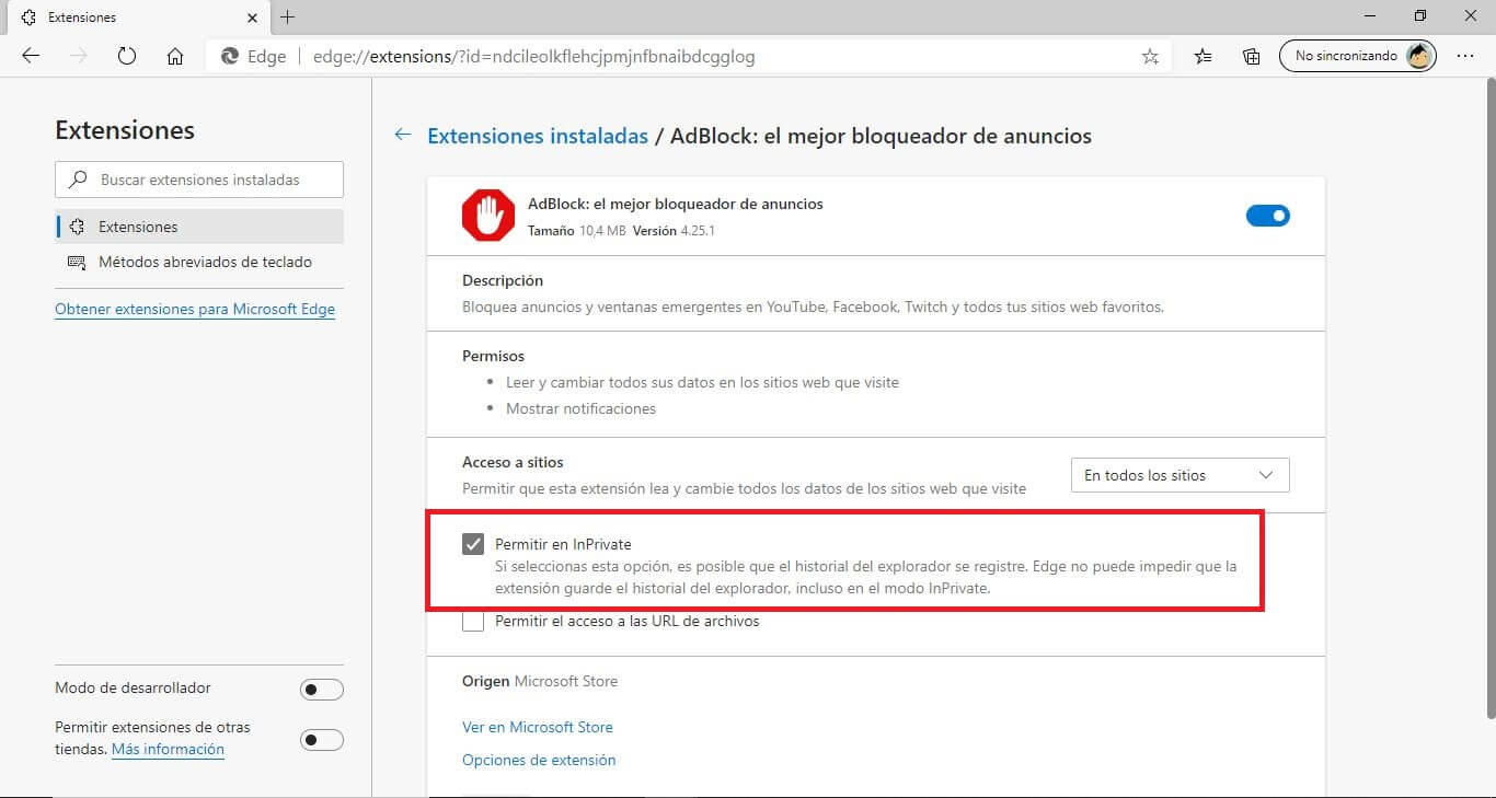 activar extensiones en el modo privado de Microsoft Edge