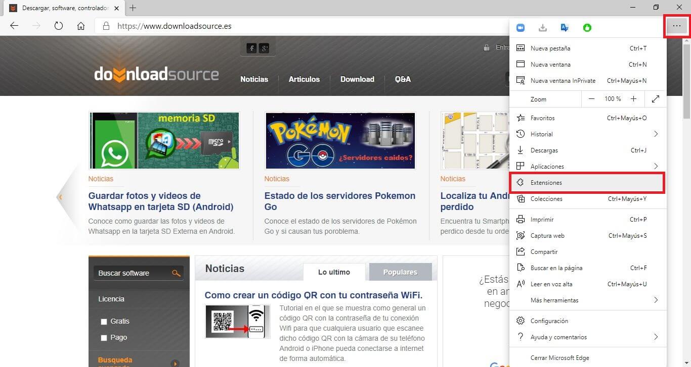 activar extensiones en el navegador Microsoft Edge. 