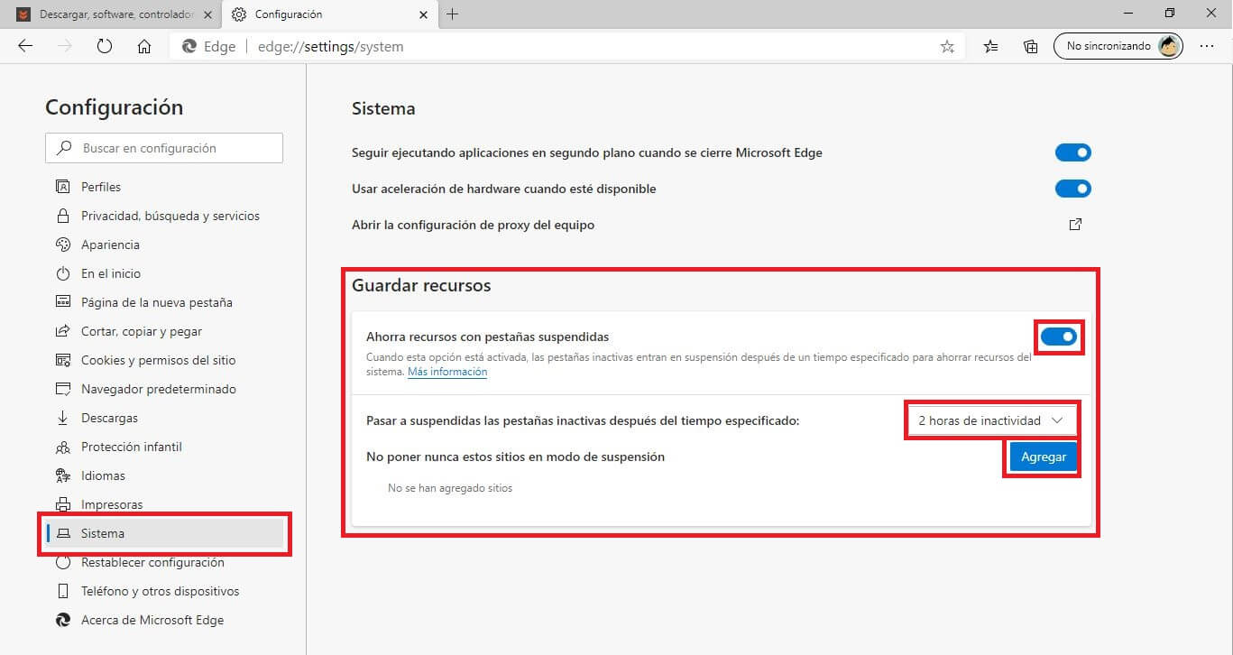 activar sleeping tabs en edge para consumir  menos recursos del sistema