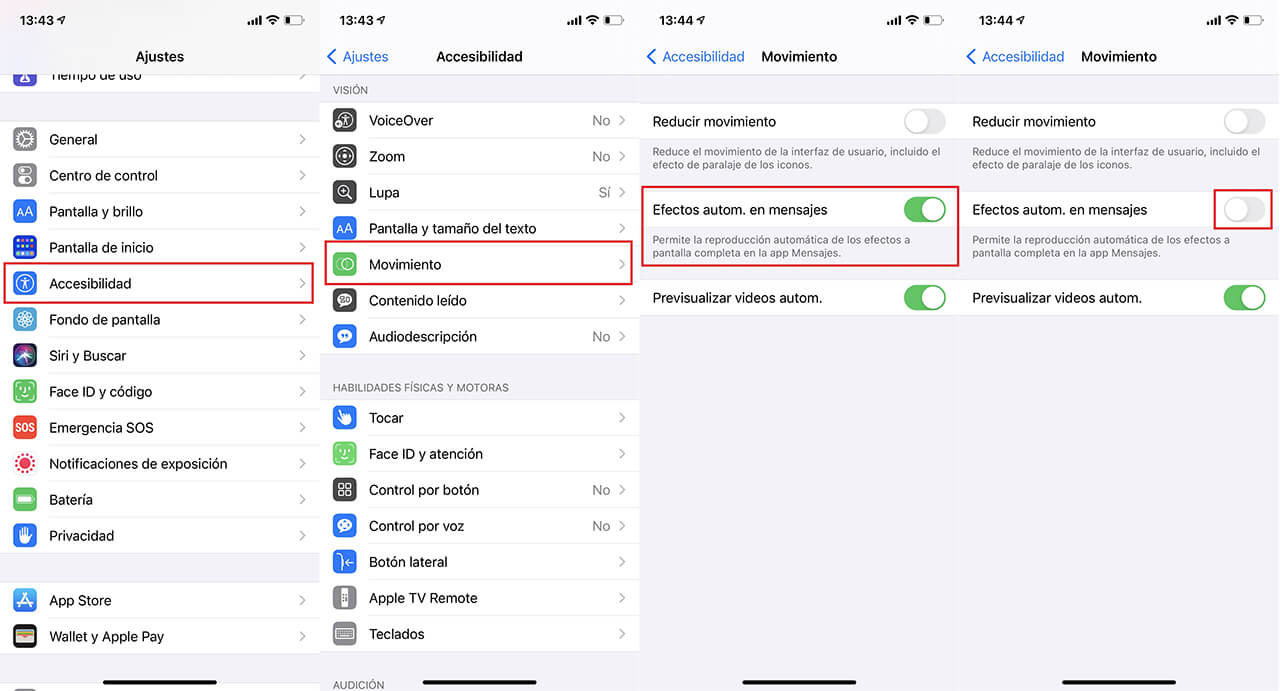 Como desactivar la reproducción automática de efectos recibidos en mensajes de iPhone