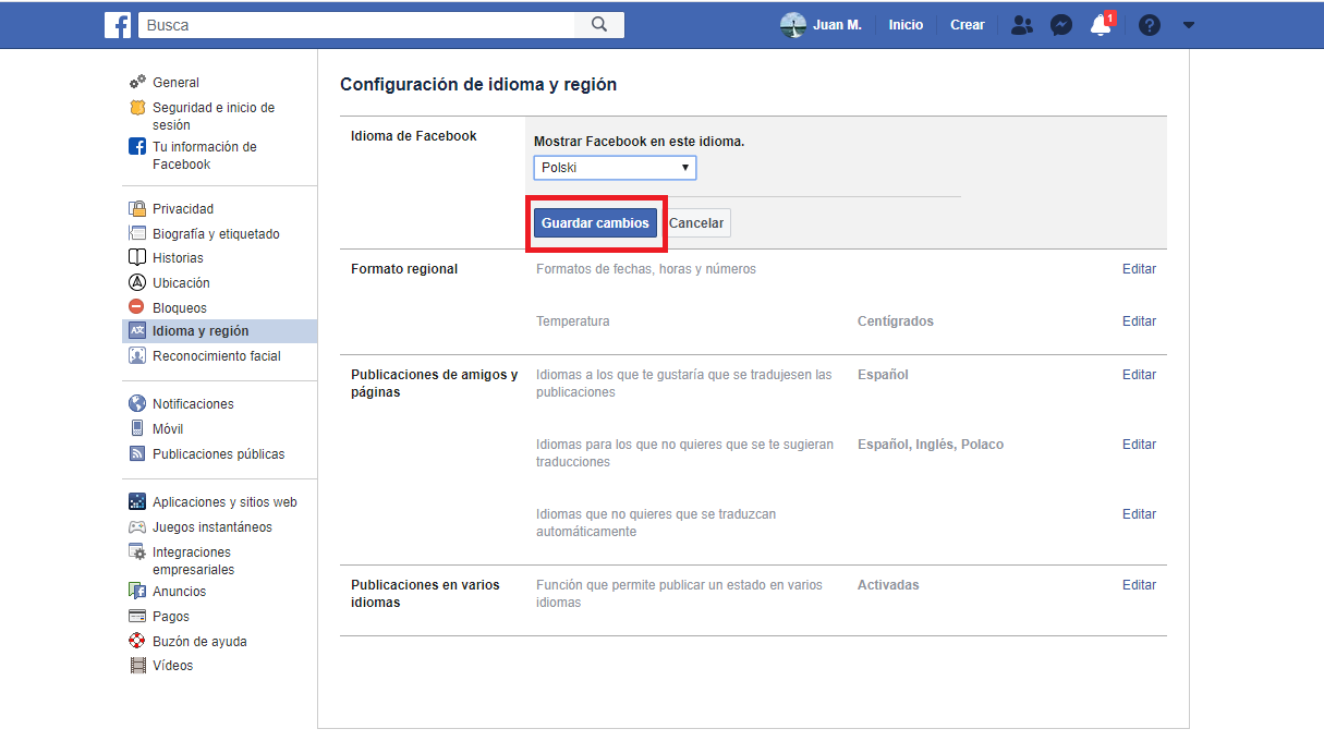 cambiar el idioma de la interfaz de Facebook