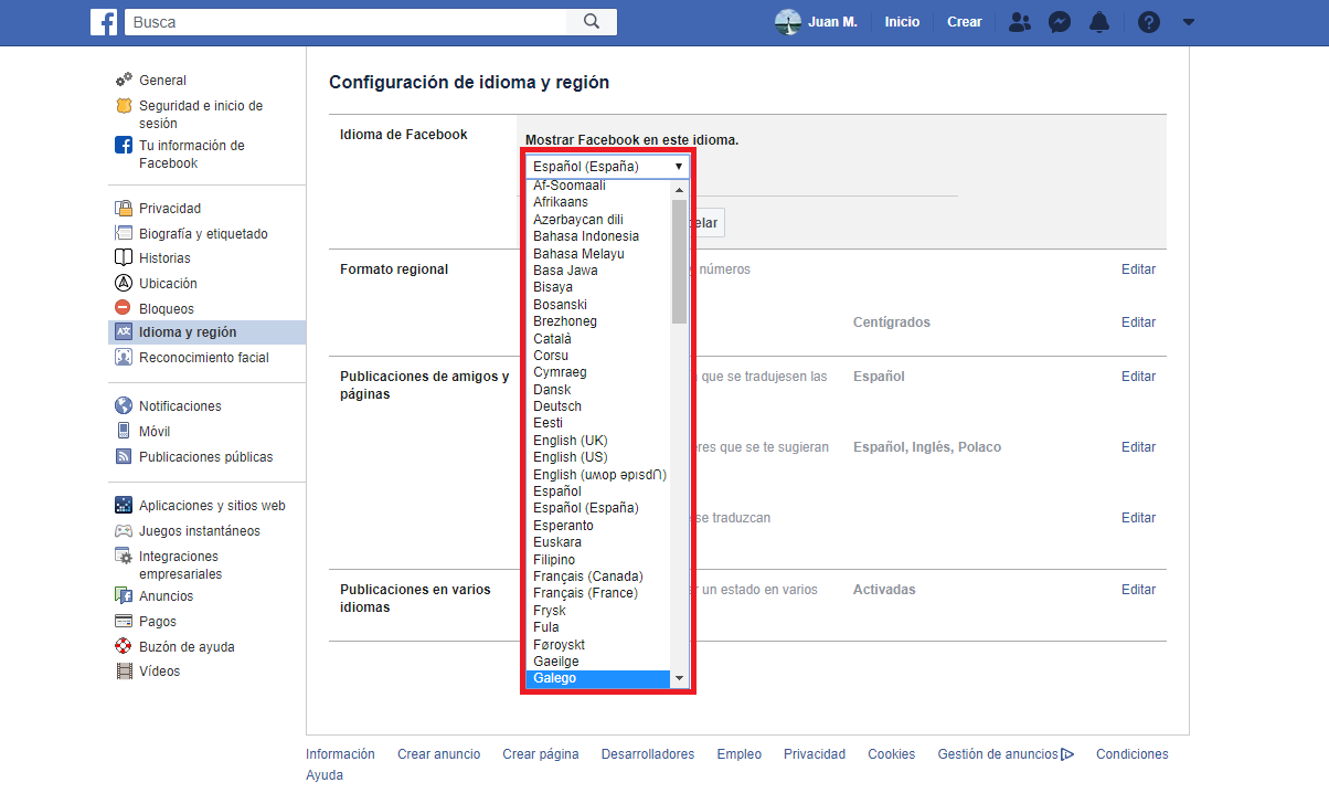 como usar un idiioma diferente en facebook