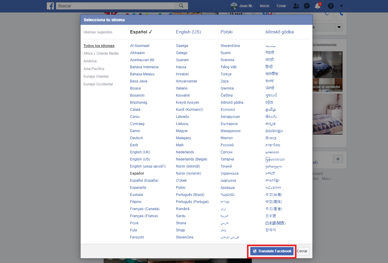 modificar el idioma de facebook