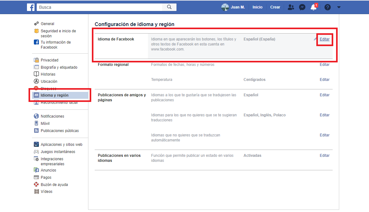 como cambiar el idioma de Facebook