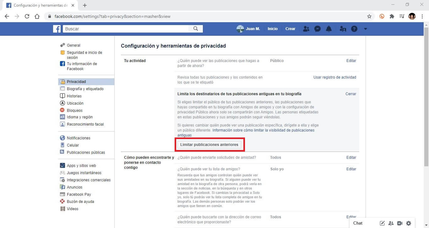 convertir en privado todas las publicaciones de Facebook