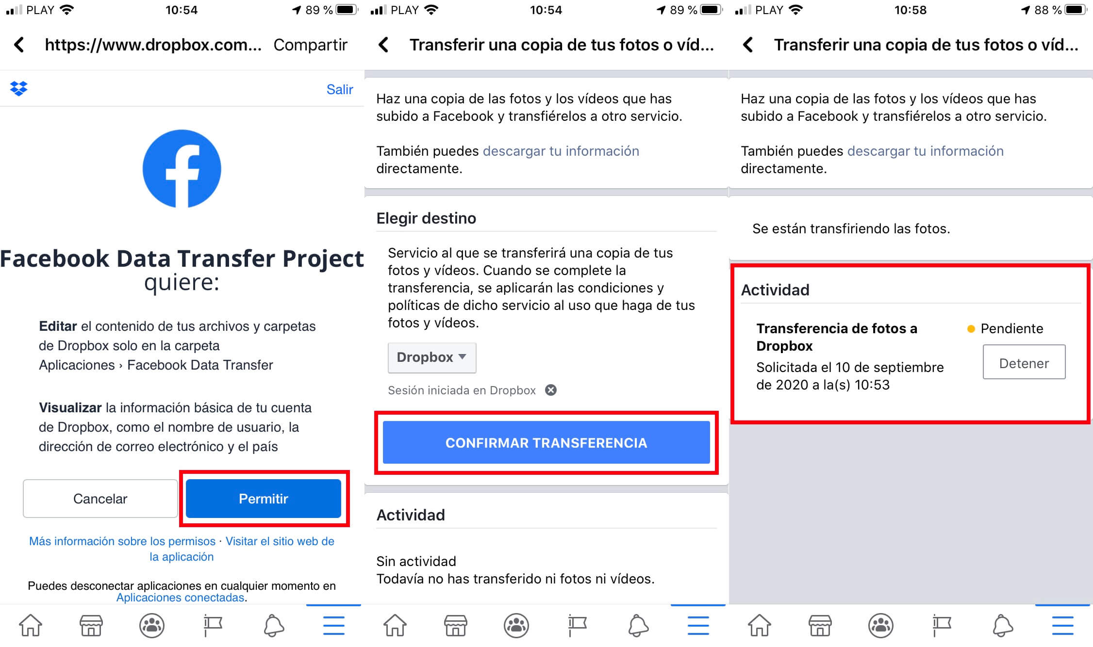 enviar fotos y videos de Facebook a dropbox