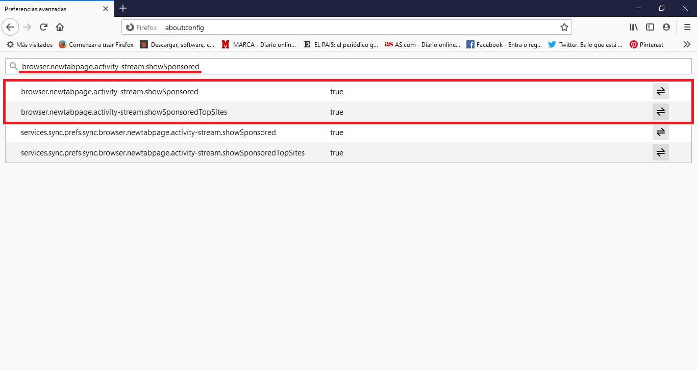 como deshabilitar las Webs patrocinadas en firefox
