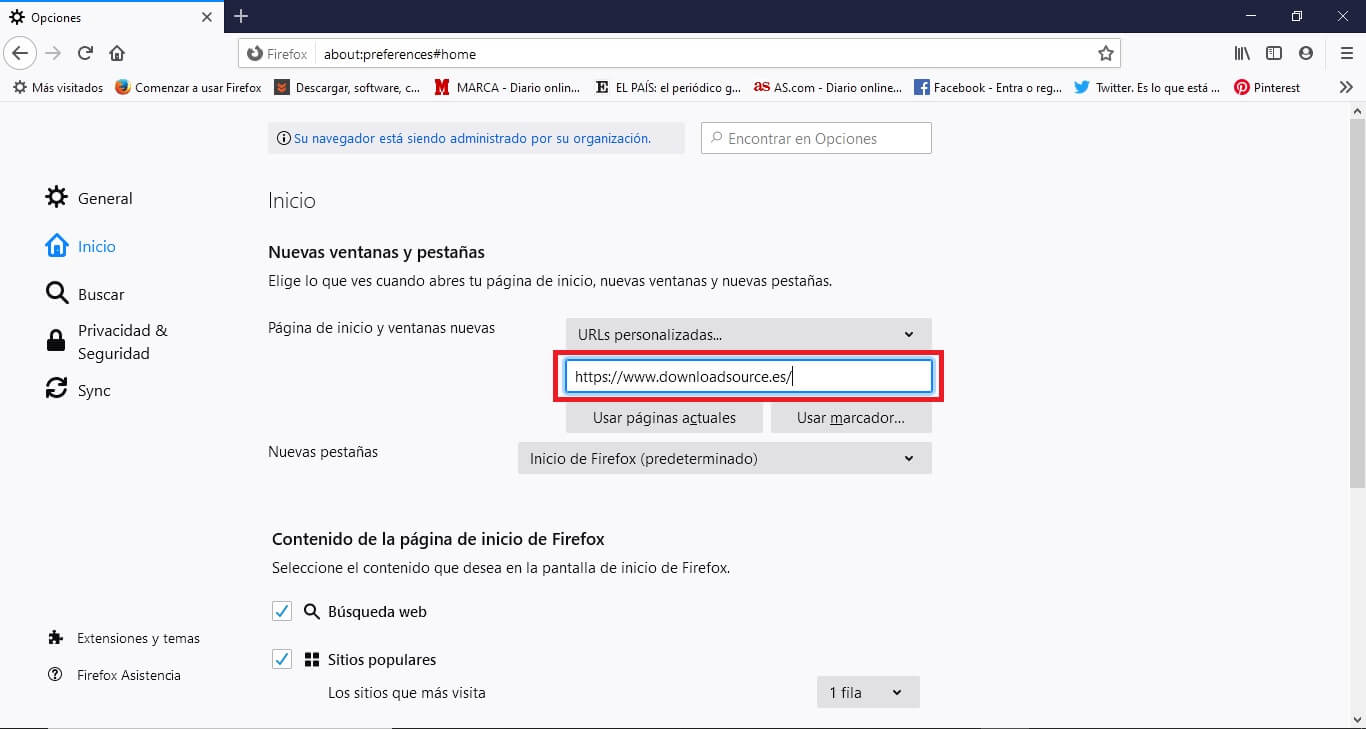 cambiar la página de inicio de firefox así como el icono Home