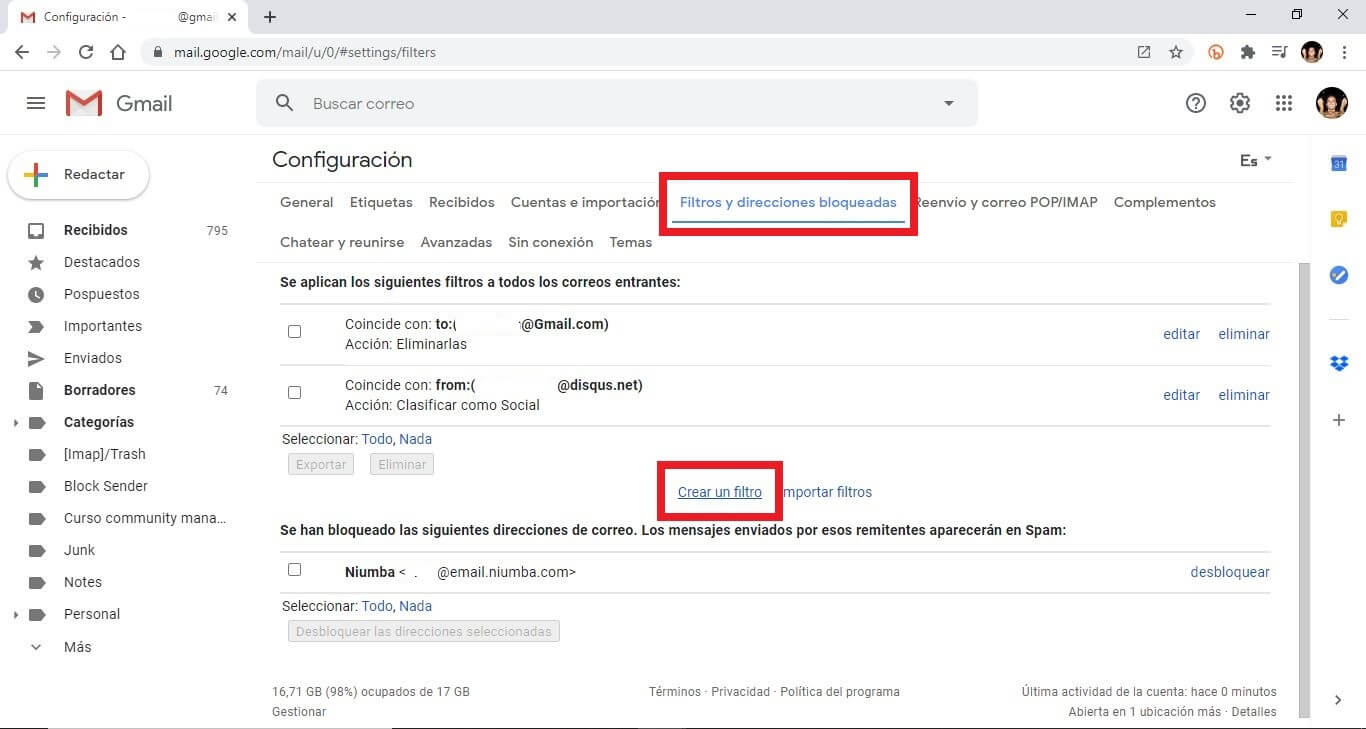 como eliminar todos los correos recibidos de un remitente concreto en Gmail