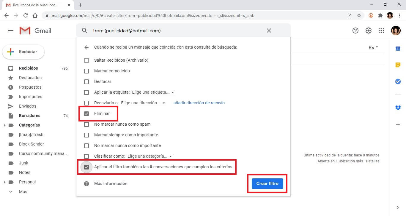 eliminar los correos de una direccion especifica de manera automatica en gmail