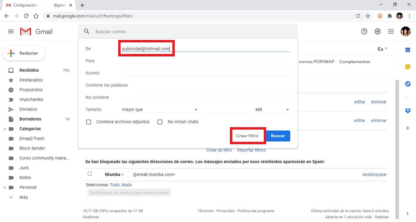 como eliminar todos los correos recibidos de un remitente especifico en Gmail