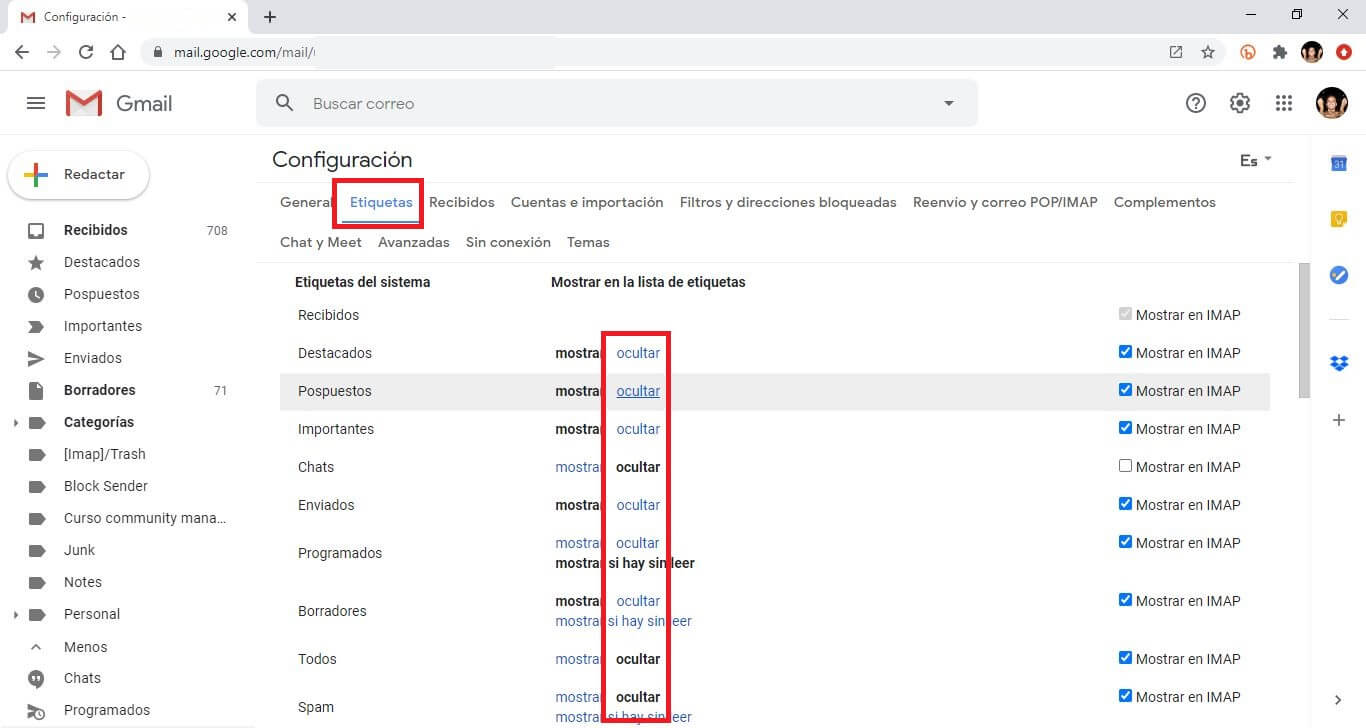 como ocultar las etiquetas del menú principal de gmail