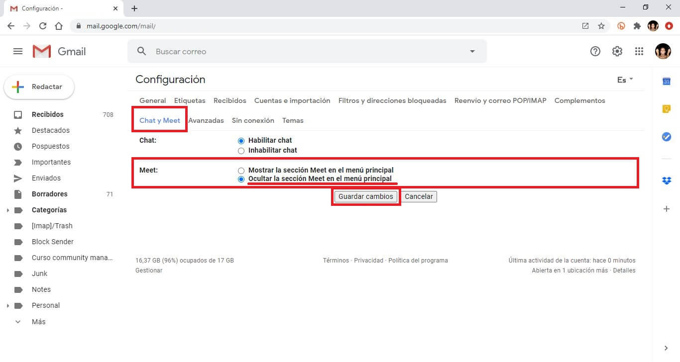 como eliminar la sección chat del menú principal de Gmail