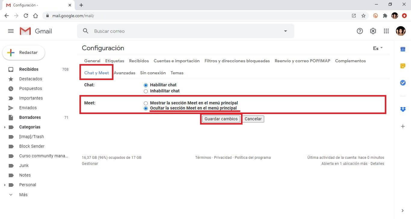 como eliminar la sección chat del menú principal de Gmail