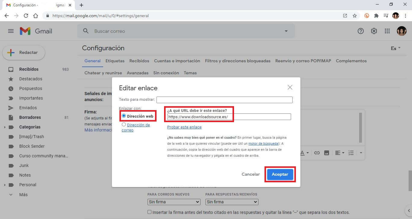 incluir un enlace en la imagen de firma de correos de gmail 