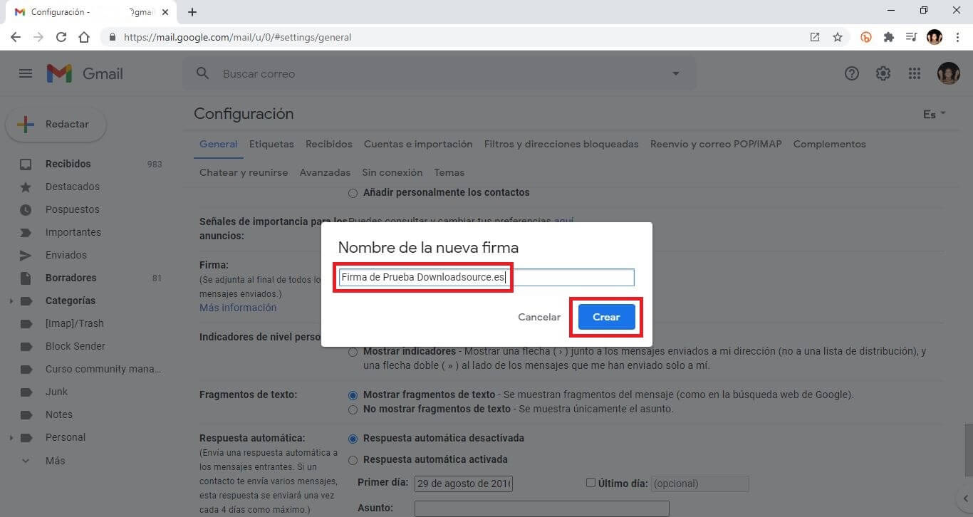 poner un enlace en la foto de firma de correos de gmail