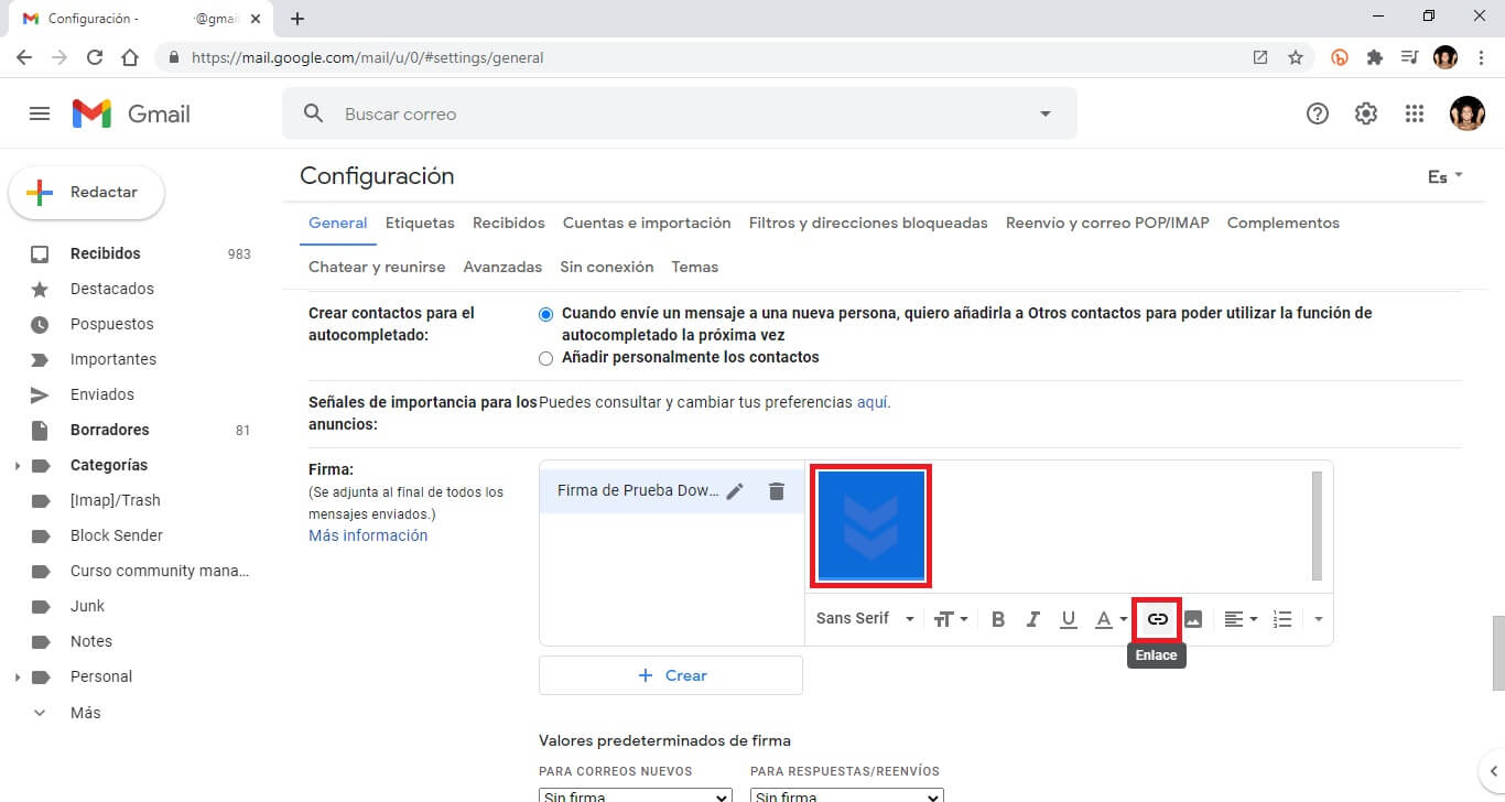 como incluir un enlace en la imagen de firma de gmail