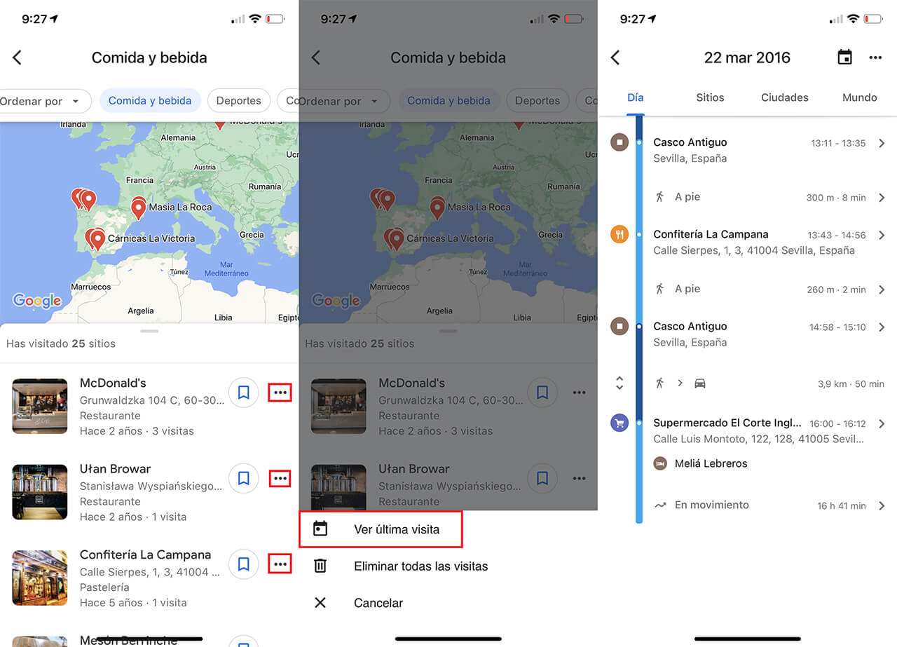 como ver la lista de lugares visitados con google maps