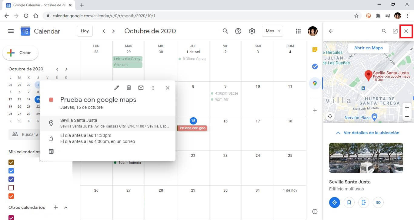 ocultar seccion google maps del calendario de google