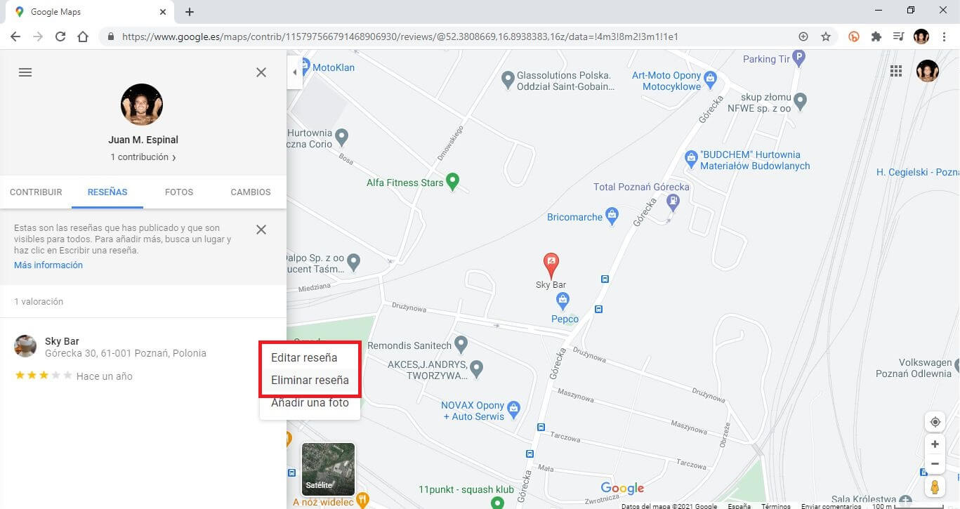 google maps te permite eliminar las reseñas que hayas realizado