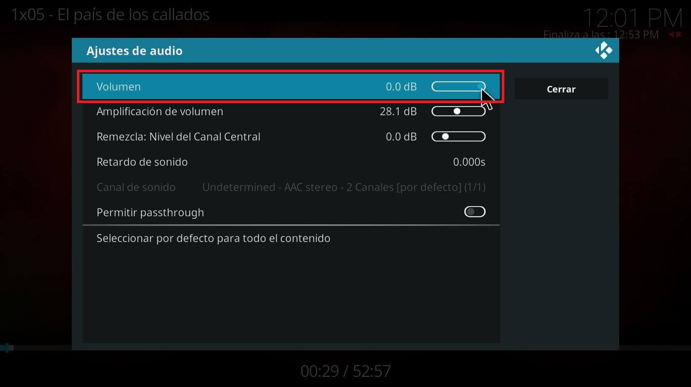 Kodi muestra icono Mute y no reproduce sonido