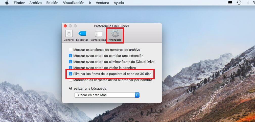 como eliminar los archivos de la papelera de macOS de forma automatica cada 30 días