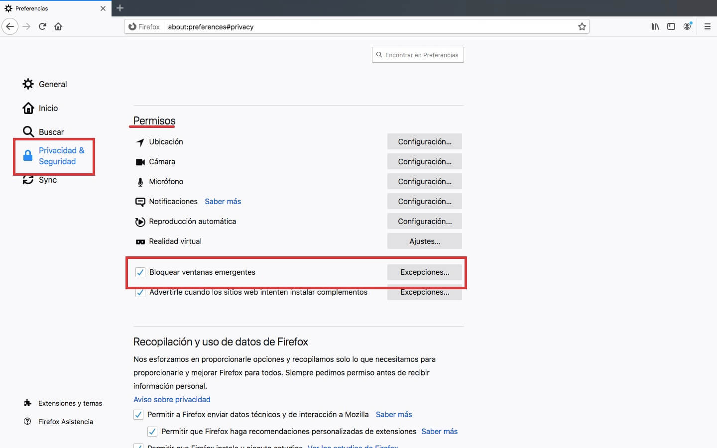 como permitir las ventanas emergentes de webs en Mozilla Firefox para mac