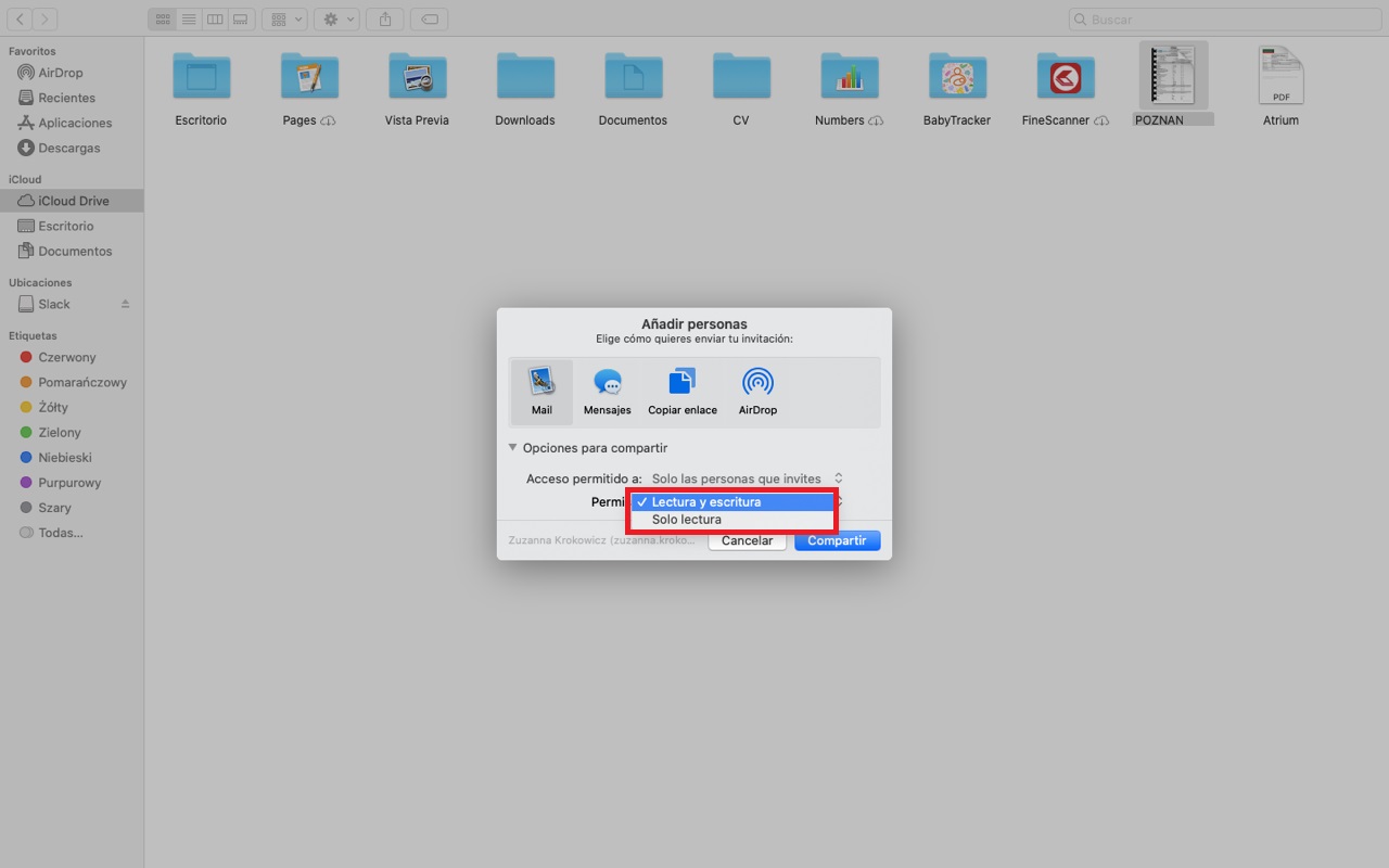 Mac OSx permite compartir archivos via icloud drive con opcion para edicion colaborativa