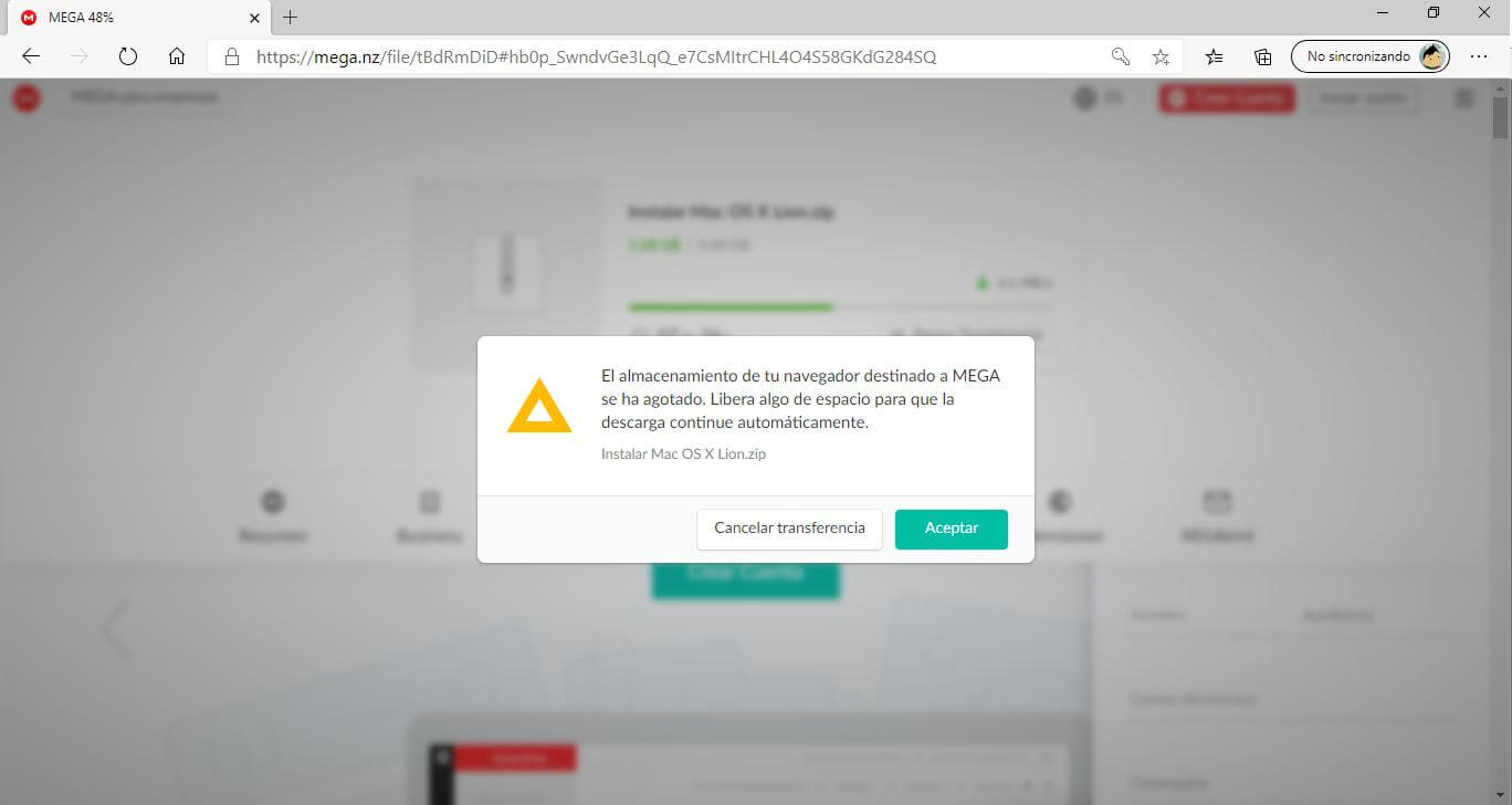 solucoinar error: El almacenamiento de tu navegador destinado a MEGA se ha agorado. Libera algo de espacio para que la descarga continúe automáticamente