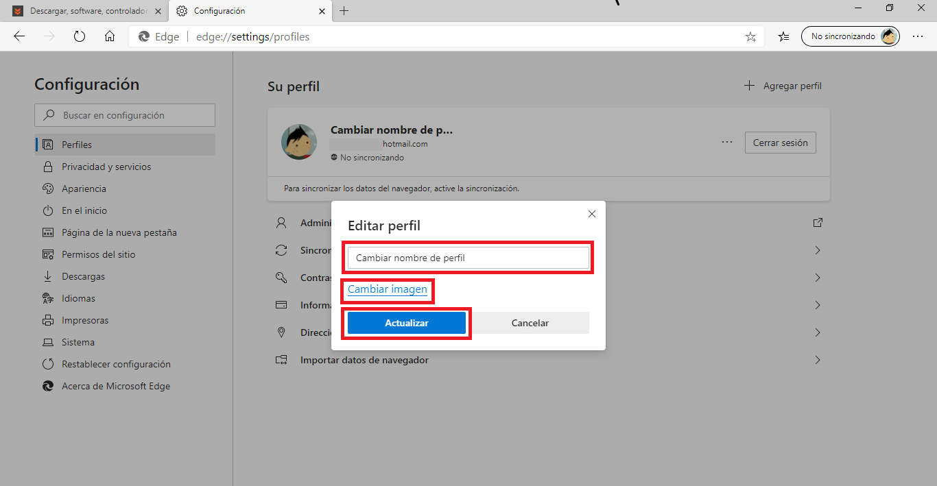 como cambiar las imagenes de perfil de los navegadores Web chrome, firefox y edge