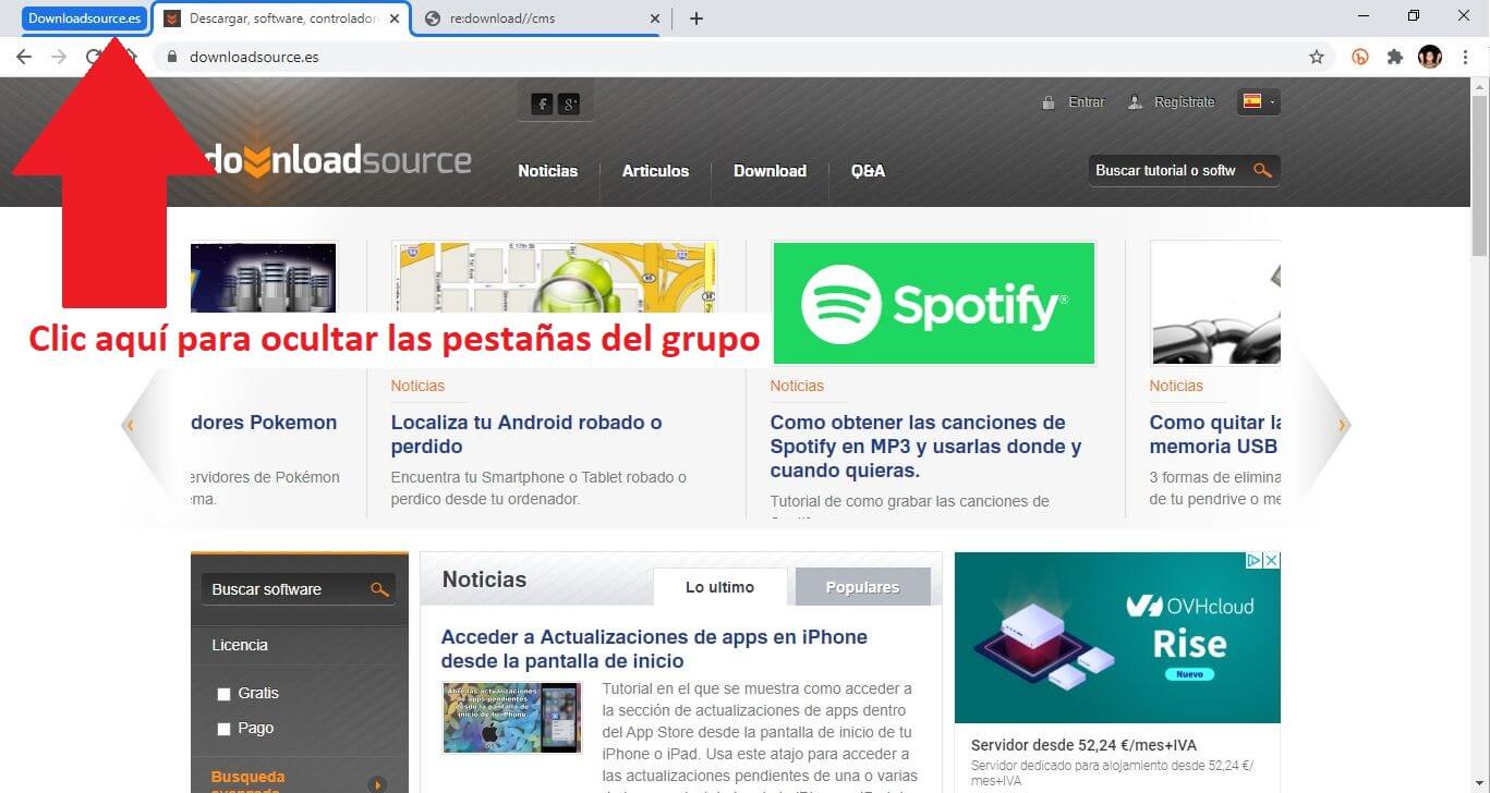 ocultar las pestañas de un grupo de chrome