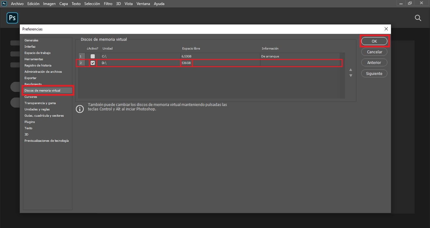 Photoshop la memoria virtual está llena solucion
