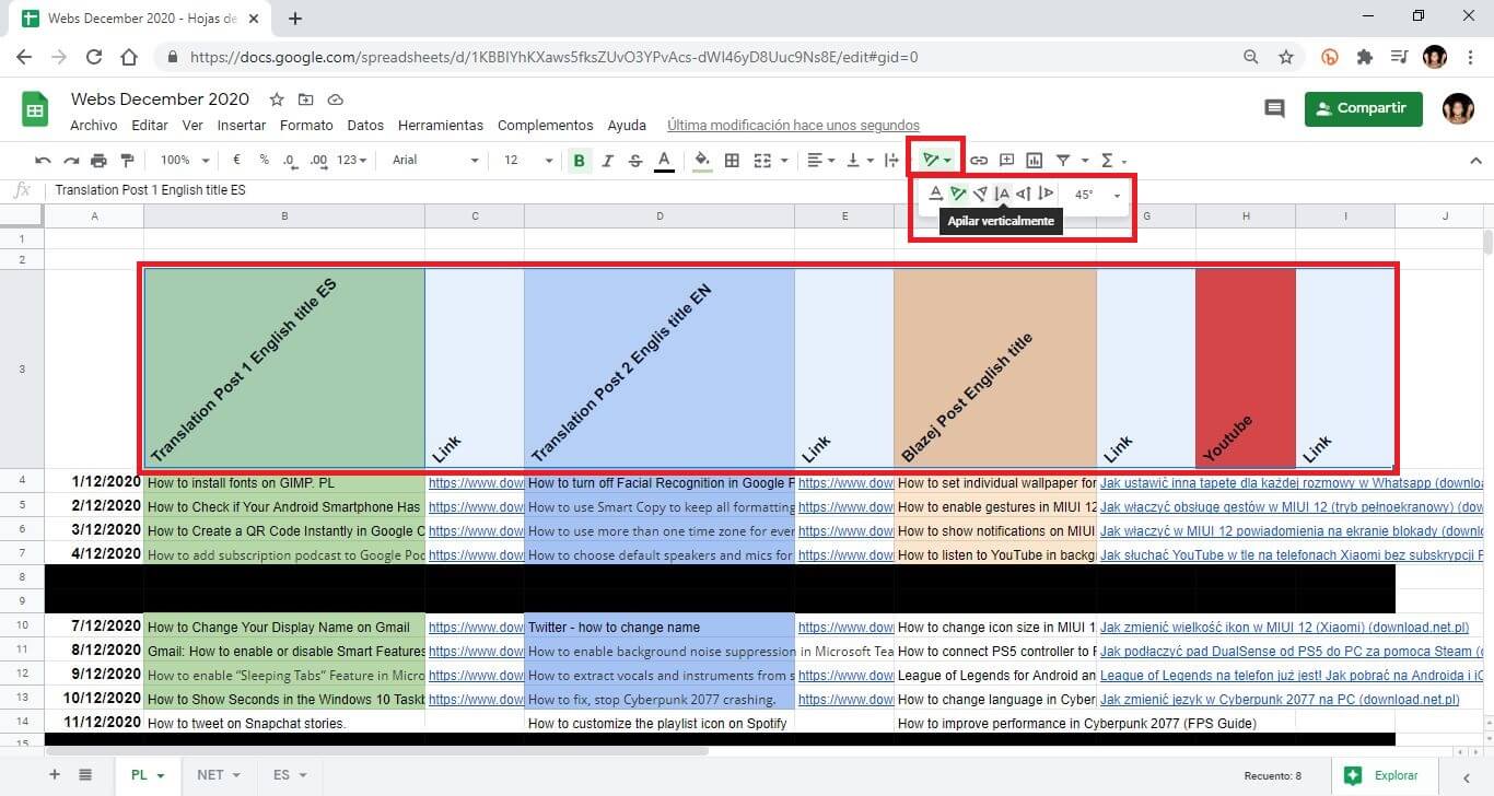 como rotar el texto de hojas de calculo de google