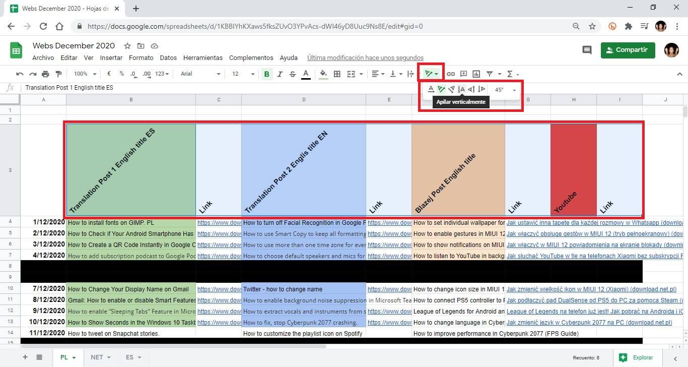como rotar el texto de hojas de calculo de google