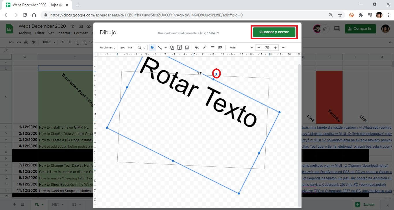 Hoja de calculo de google como girar texto verticalmente