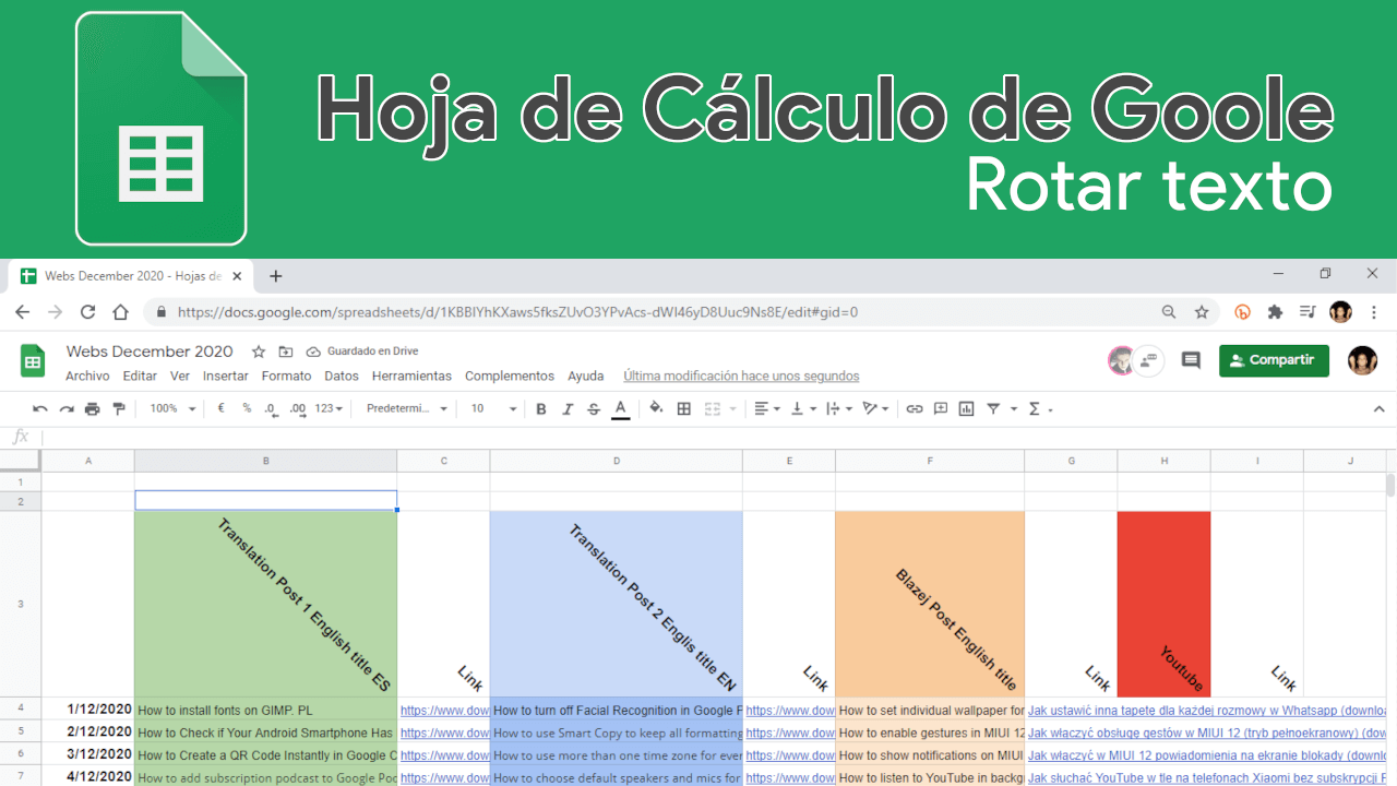 como girar el texto de hoja de calculo de google de forma vertical