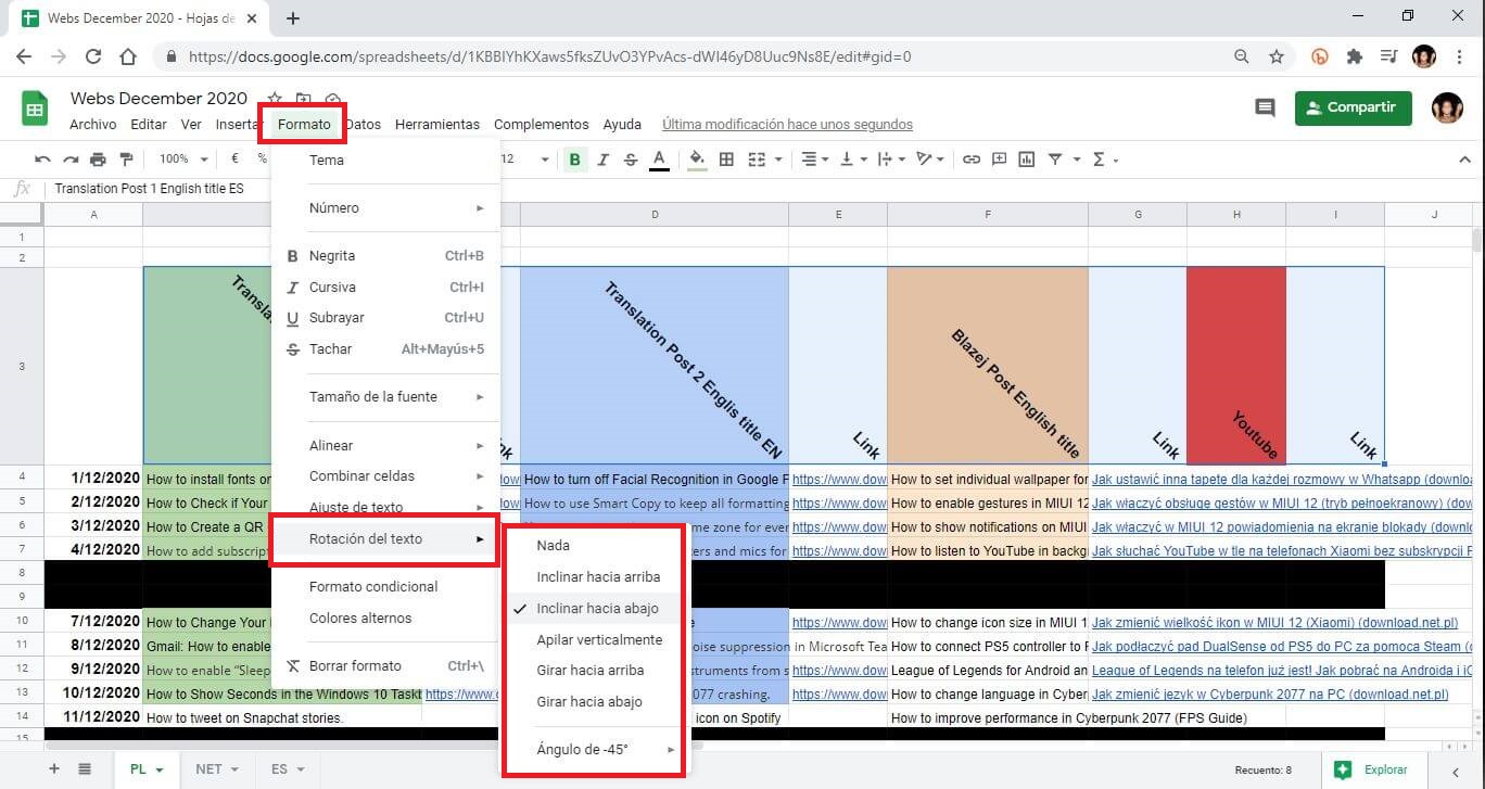 Hoja de calculo de google como rotar texto