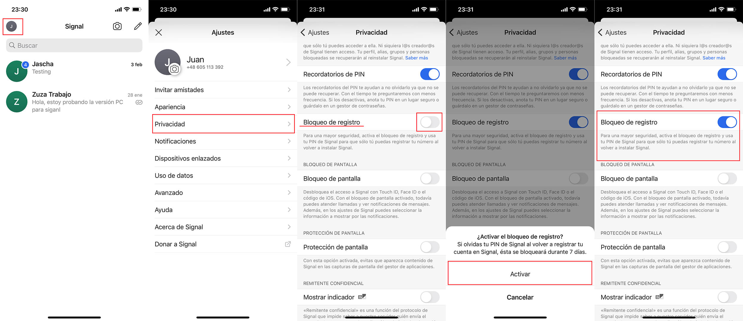 como activar el bloqueo de registro de signal para impedir que se conecten a tu cuenta 