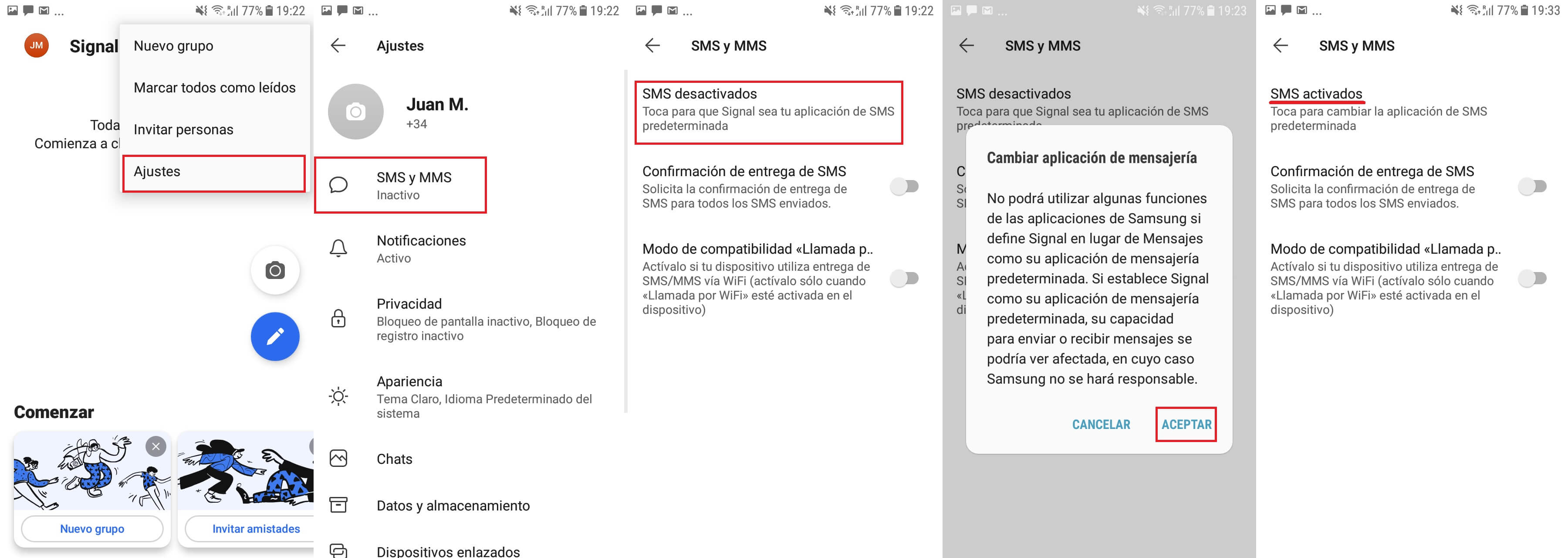 como enviar y recibir SMS en la app Signal para Android