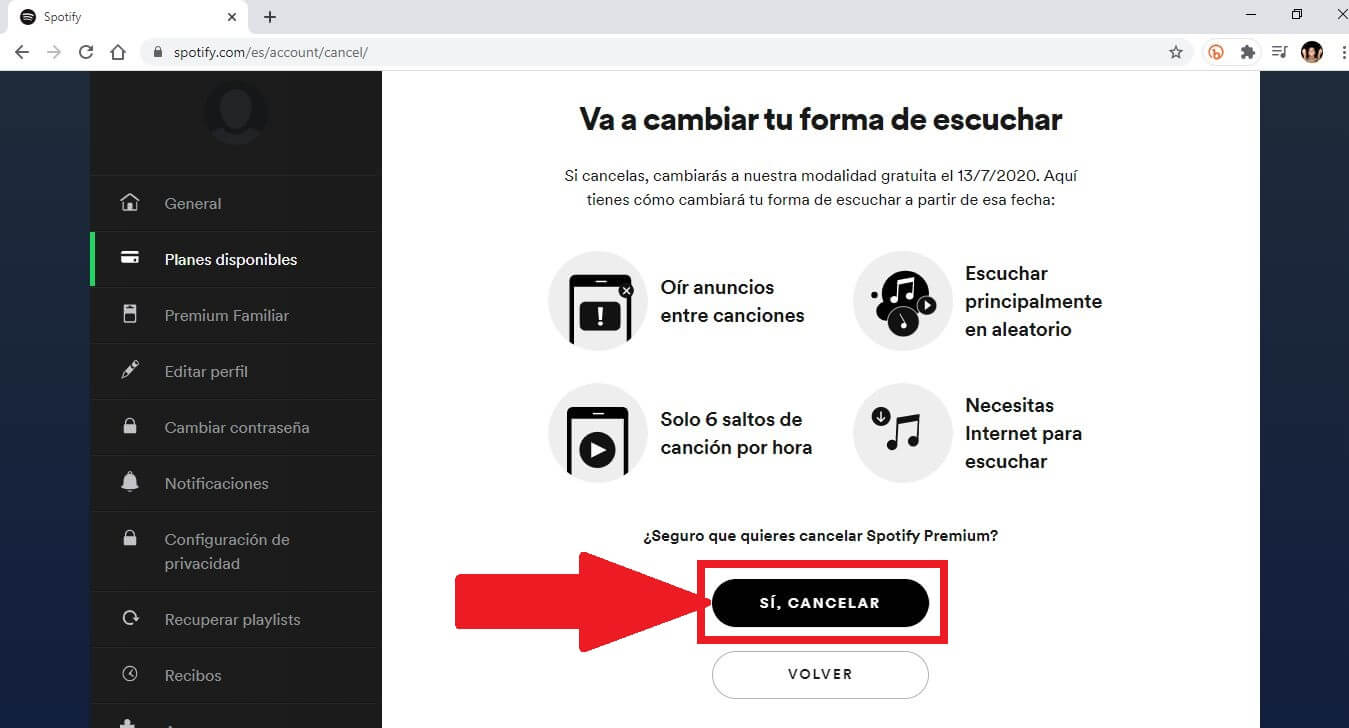 desactivar la suscripción a Spotify Premium