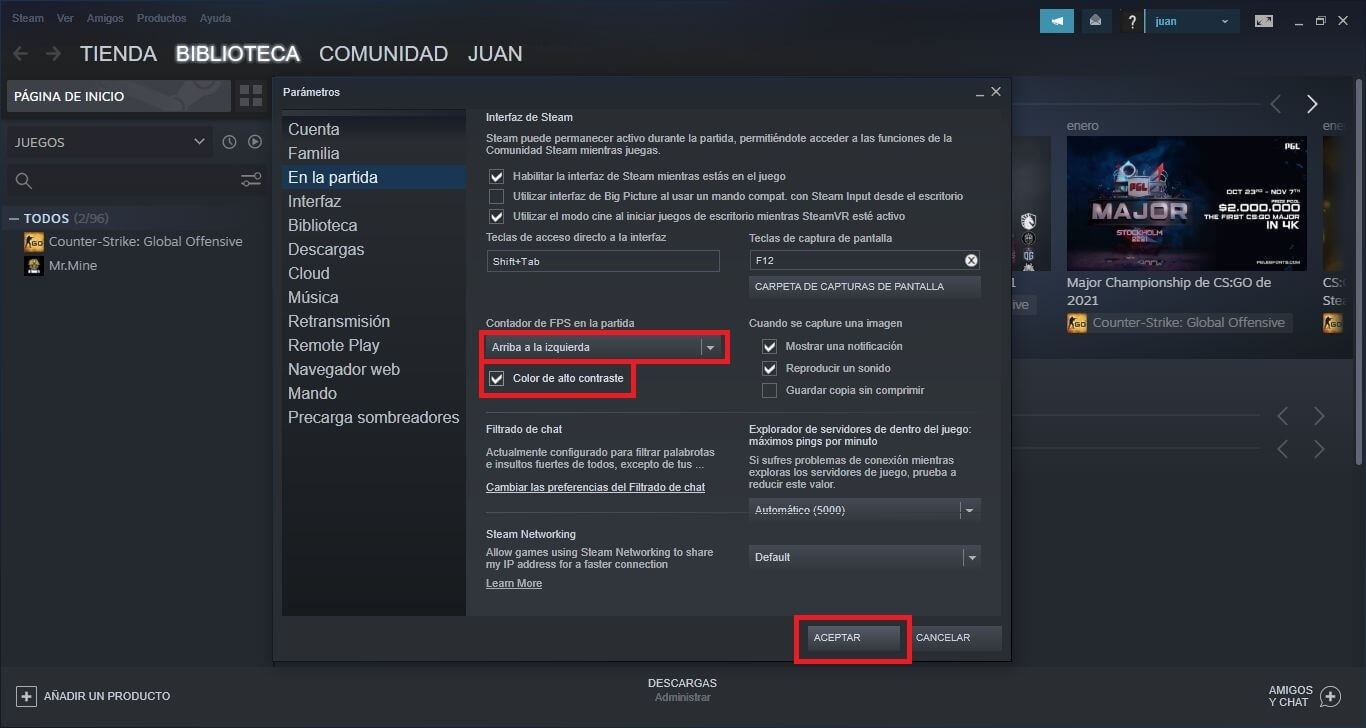 como mostrar el contador de fotogramas FPS en los videosjuegos de Steam