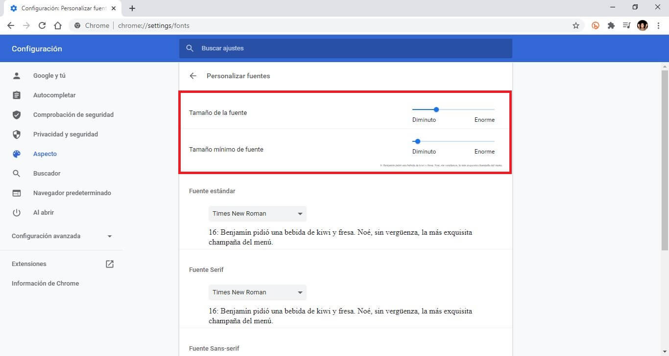 Personalizar el tamaño del texto en google chrome