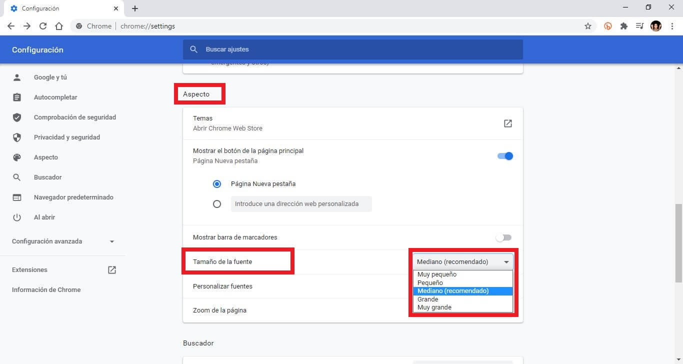 cambiar el tamaño de la fuente en google chrome