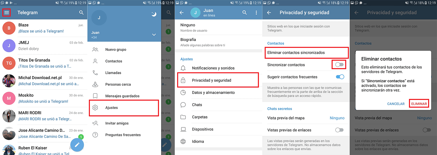 deshabilitar la sincronización de tus contactos de Android con Telegram