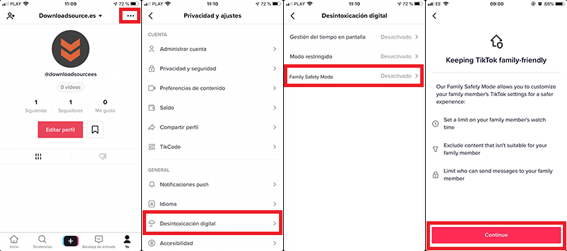 activar el control parental en Tiktok con el modo seguridad de familia