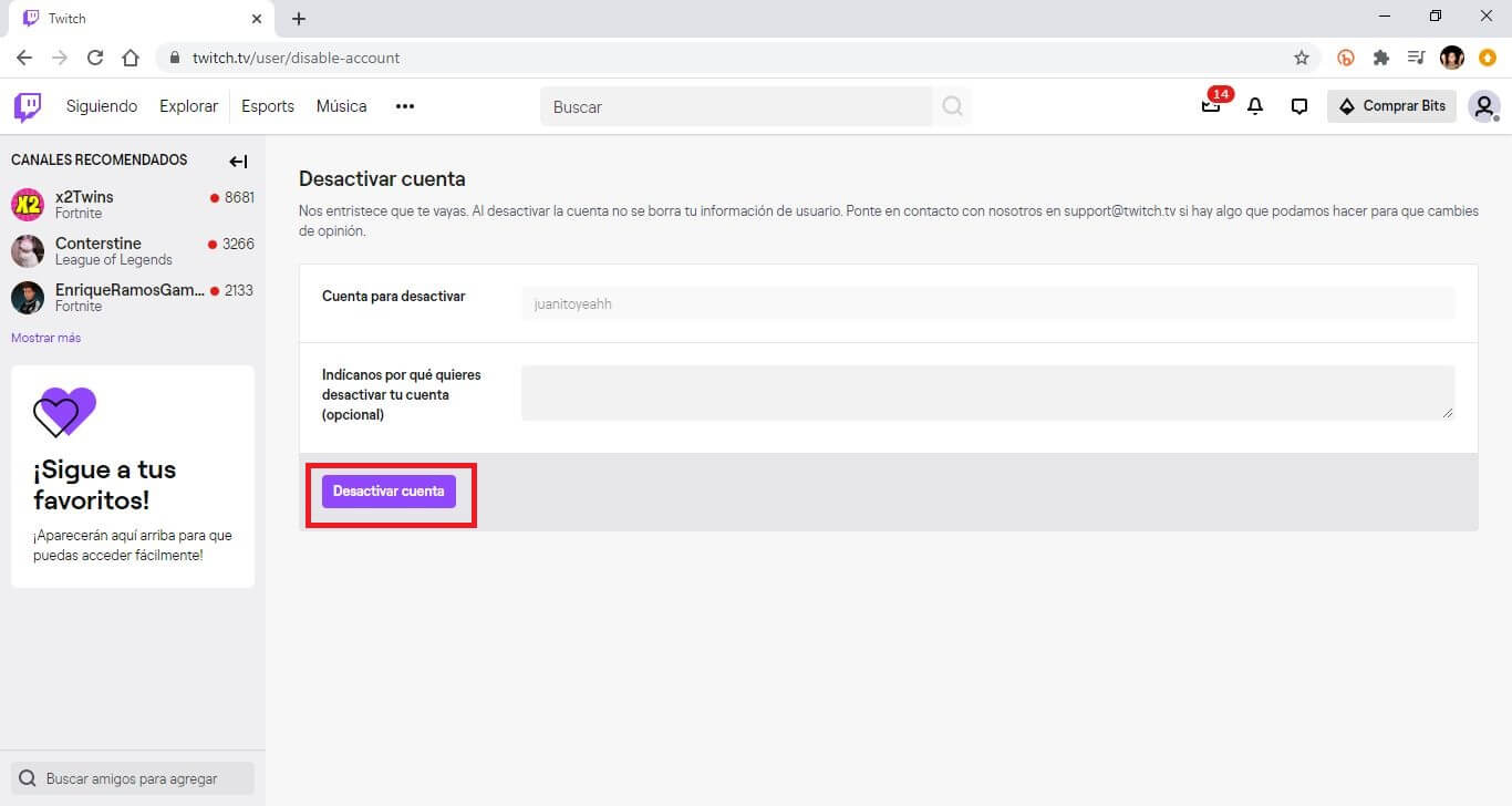 deshabilitar tu cuenta de twitch