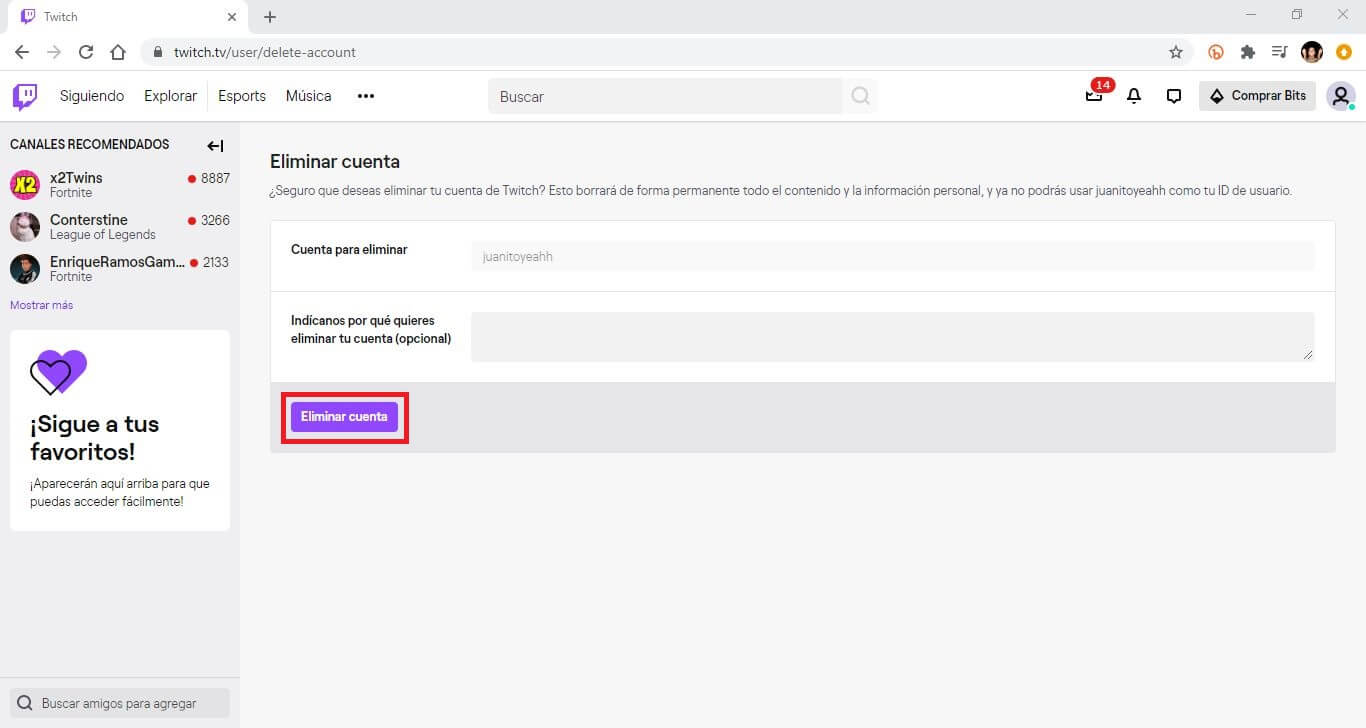 como eliminar completamente tu cuenta de Twitch