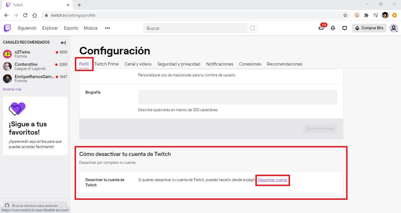 como deshabilitar tu cuenta de Twitch