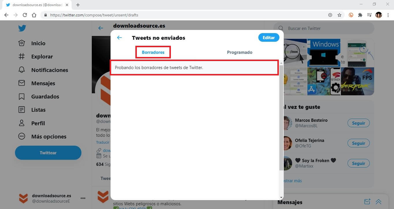 donde están lo borradores de twitter y como usarlos